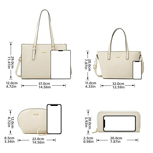 Beige handbag and accessories with size comparisons to a smartphone.