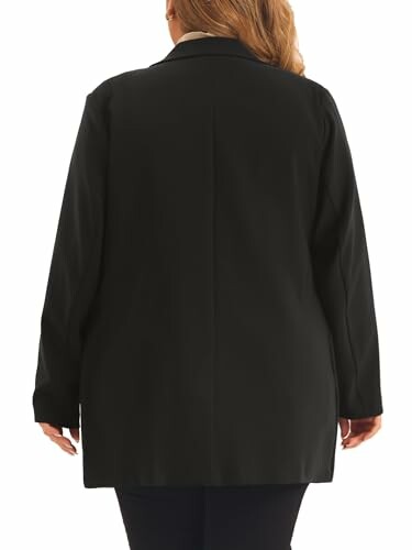 Back view of a black blazer worn by a person.