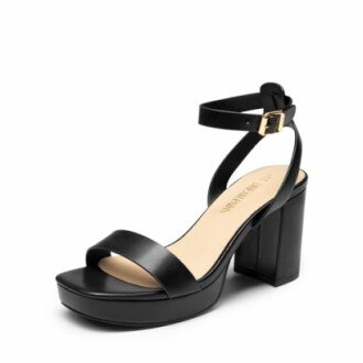 Black block heel sandal with ankle strap