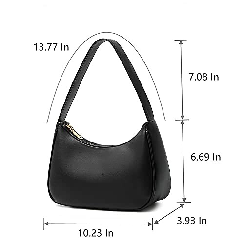 Black handbag with dimensions labeled