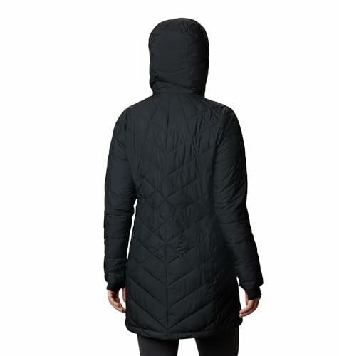 Back view of a person wearing a black hooded parka.