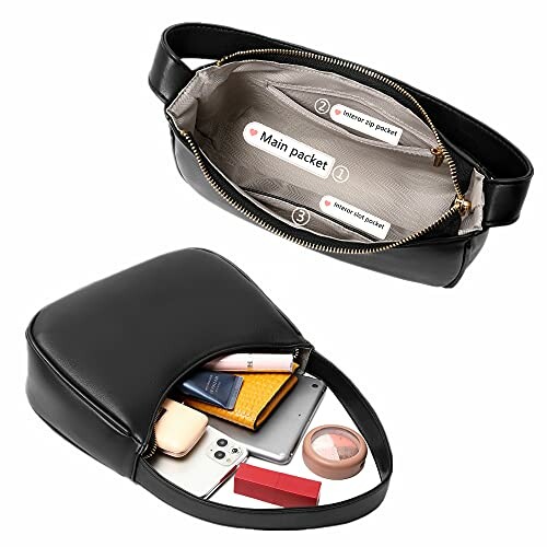 Black leather crossbody bag with multiple interior pockets, showcasing contents like phone, wallet, and makeup.