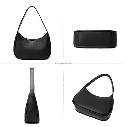 Black leather handbag shown from multiple angles.