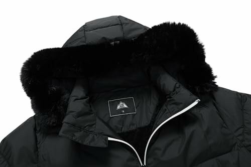 Black puffer jacket with a fur-lined hood.