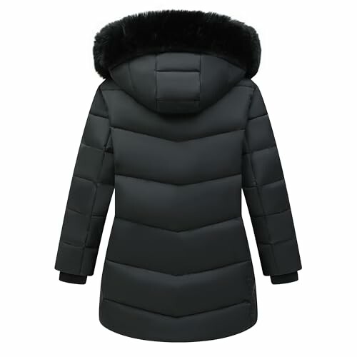 Back view of a black puffer jacket with a fur hood.