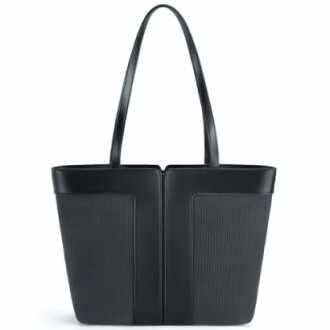 Black leather tote bag with long handles