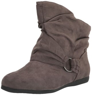 Brown slouchy ankle boot with buckle detail.