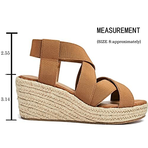 Brown wedge sandals with crisscross straps and heel measurements.