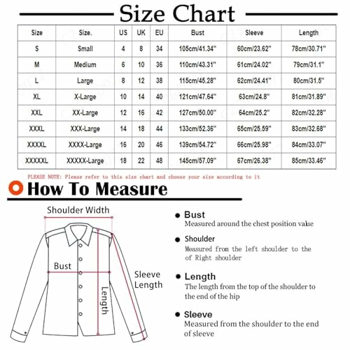 Size chart and measurement guide for clothing, helping you choose the right fit.