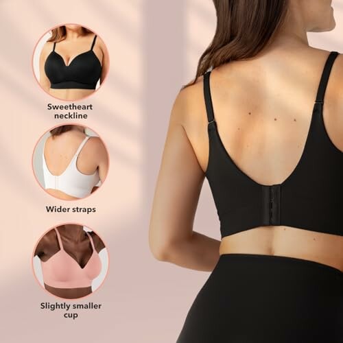 Back view of woman wearing a black bra with design features like sweetheart neckline, wider straps, and slightly smaller cup highlighted.