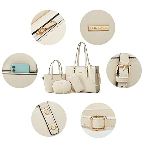 Cream handbag set with close-up details of zippers, buckles, and phone pocket.