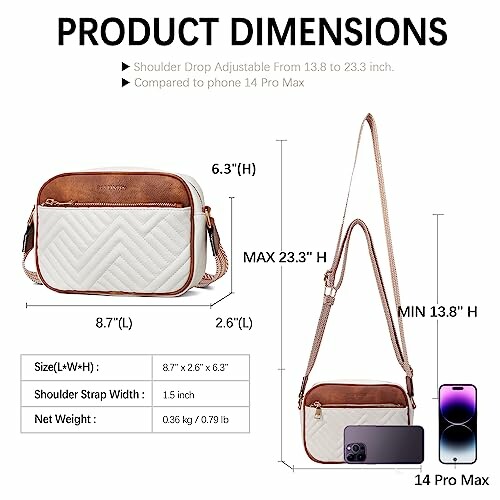 Crossbody bag dimensions with adjustable strap, showing size and phone comparison.