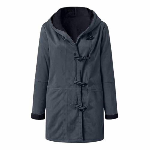 Dark gray hooded coat with toggles, showcasing the stylish features of the winter coat.