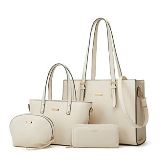 Elegant beige handbag set including tote, shoulder bag, wallet, and pouch.