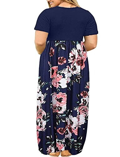 Back view of woman in navy and floral maxi dress