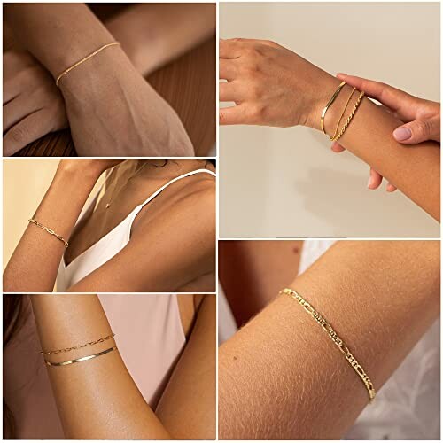 Collage of gold bracelets on wrists