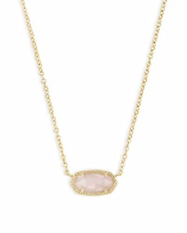 Gold chain necklace with a rose quartz pendant.