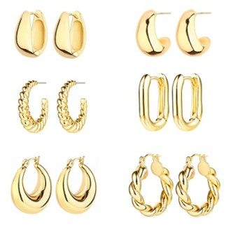 Set of six pairs of gold hoop earrings in various designs.