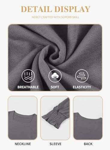 Gray fabric detail display showing breathability, softness, and elasticity with neckline, sleeve, and back views.