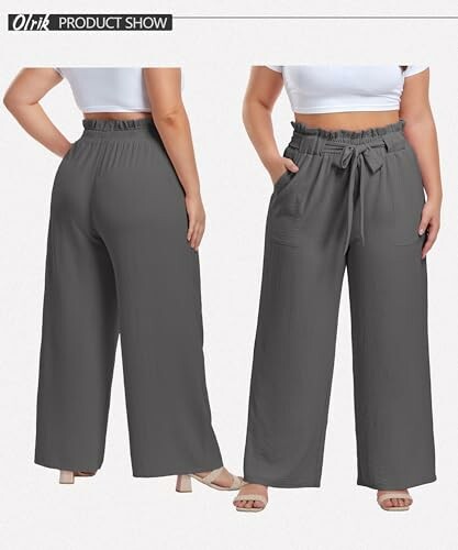 Two views of gray wide-leg pants with a high waist and belt.