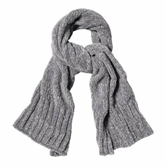 Gray woolen scarf with textured knit.