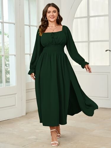 Woman in a long-sleeve green midi dress