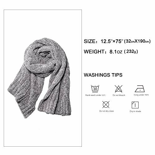 Grey scarf with size, weight, and washing instructions.