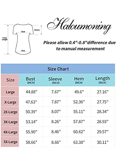 Haloumoning size chart with measurements for bust, sleeve, hem, and length.