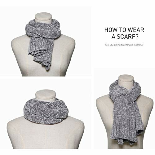 Three ways to wear a gray knitted scarf on a mannequin.