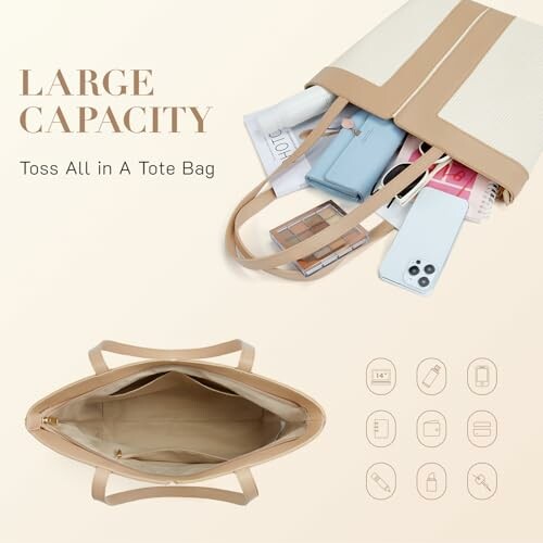 Large capacity tote bag with various items inside and icons depicting its uses.