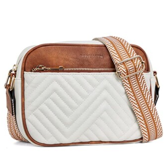 Leather crossbody bag with quilted design and adjustable strap.