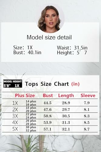 Model size details and tops size chart for plus sizes.