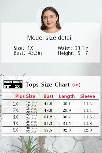 Model size details and tops size chart for plus sizes.