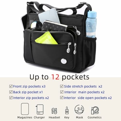 Black organizer bag with multiple pockets holding items like a tablet, water bottle, and magazines.