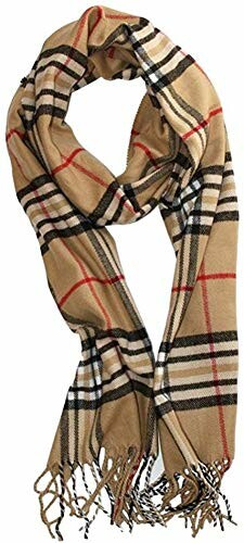 Tan plaid scarf with black and red stripes