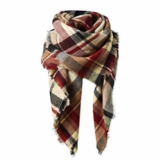 Colorful plaid winter scarf with fringed edges.