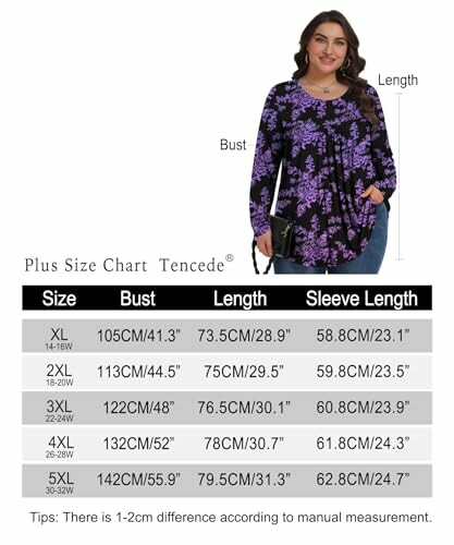 Woman wearing a floral top next to a plus size chart