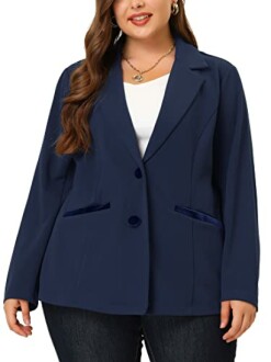 Woman wearing a navy blazer over a white top