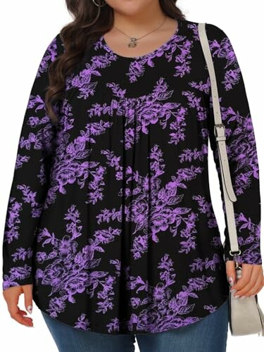 Woman wearing a black top with purple floral design