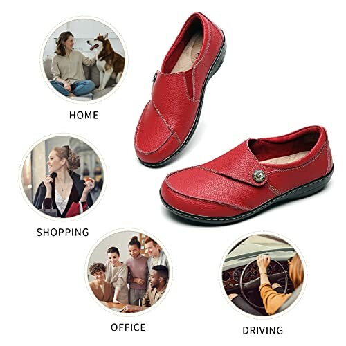 Red leather casual shoes with lifestyle images for home, shopping, office, and driving.