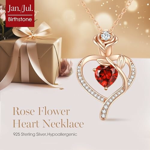 Rose flower heart necklace with gift box.