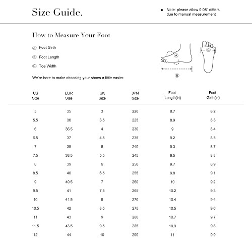 Shoe size guide with foot measurement instructions.