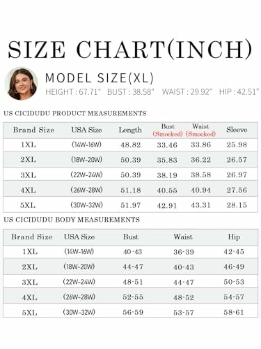 Cicidudu size chart with model measurements.