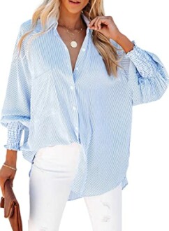 Women's Smocked Cuffed Striped Boyfriend Shirt