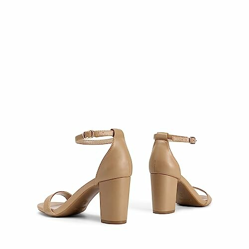 Elegant tan block heel sandals with ankle straps