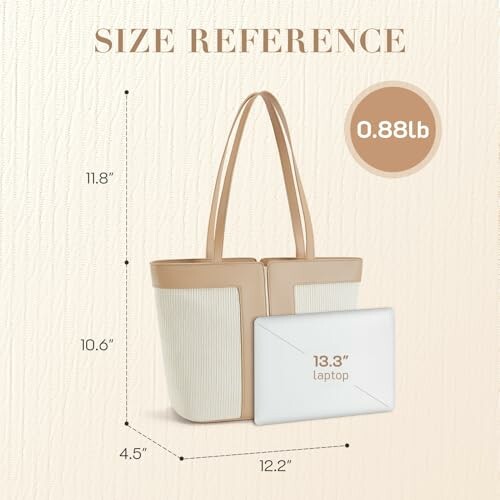 Tote bag with size reference and weight, comparing to a 13.3 inch laptop.