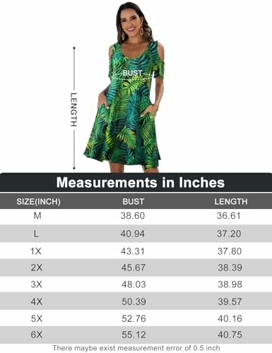 Woman in tropical dress with size chart for bust and length measurements.