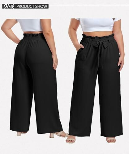 Front and back view of wide-leg black trousers with a tie waist.