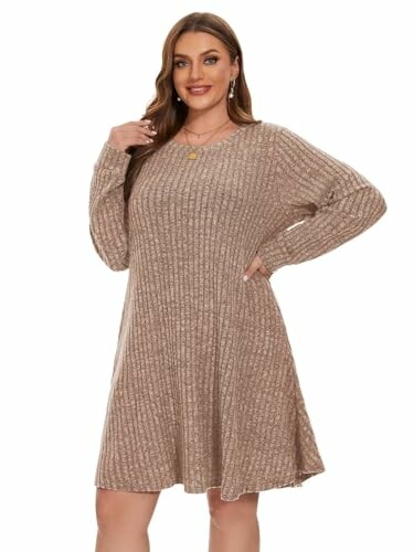 Woman wearing a brown knit sweater dress.