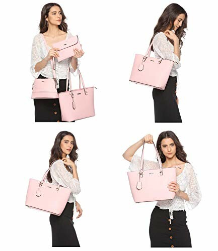 Woman modeling with various pink handbags in different poses.